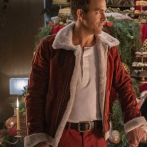 Ryan Reynolds Spirited Red Suede Shearling Leather Jacket – Christmas Coat for Men