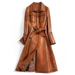 Italian Trench Coat Womens Handmade Cut Tan Leather Long Jacket, Real Sheepskin Leather Streetwear Overcoat