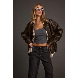 Distressed Brown Sheepskin Leather Jacket | 80s Oversized Bomber