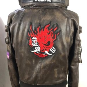 Samurai Cyberpunk 2077 Bomber Brown Leather Jacket | Halloween Costume